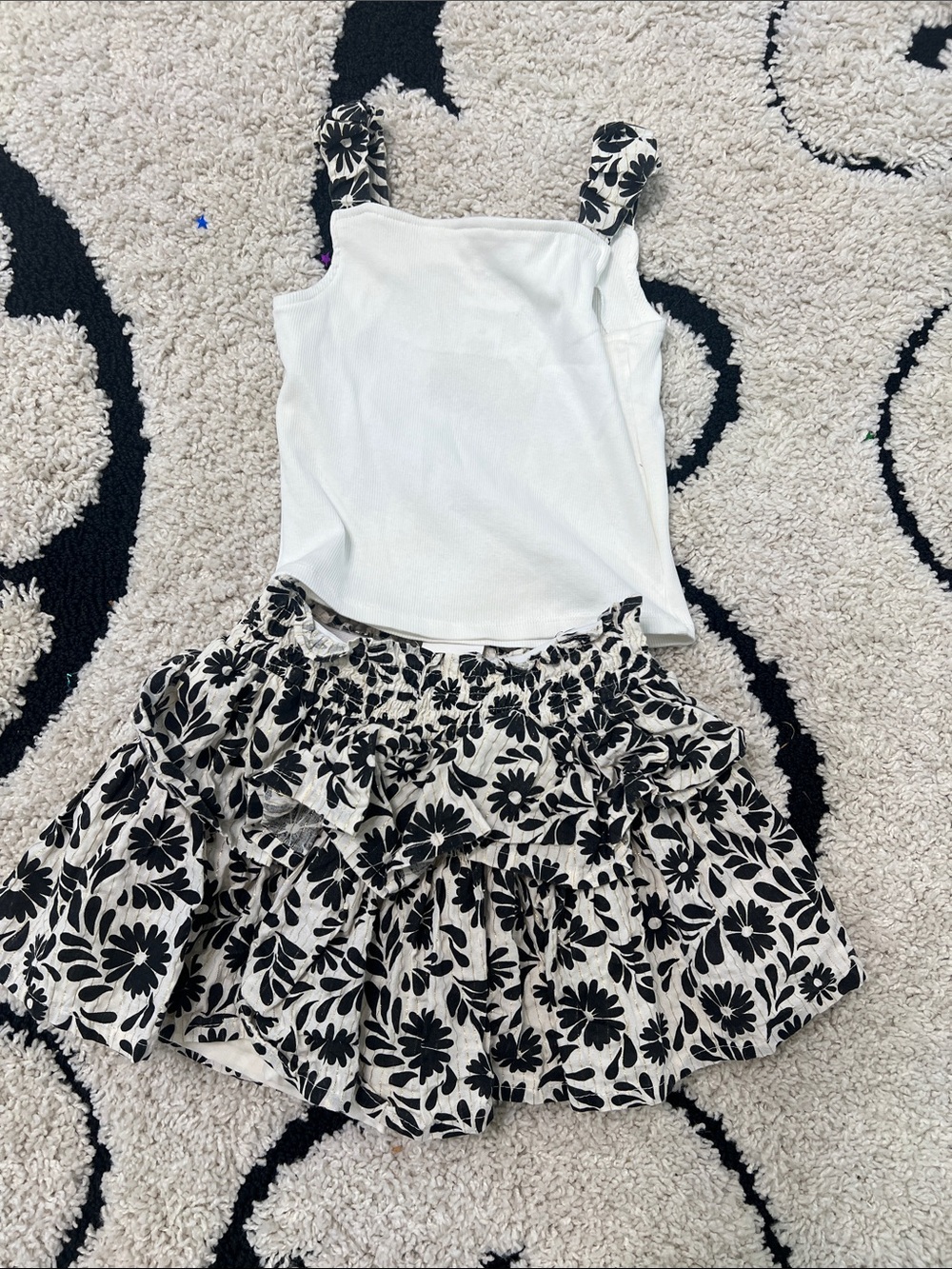Rachel Zoe White Tank Top and Black Floral Skirt Kids Matching Set